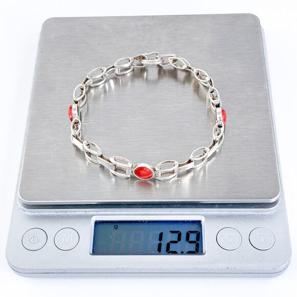 Vintage Sterling Silver 950 Red Spiny Oyster Link Bracelet 7.25" - Picture 6 of 7